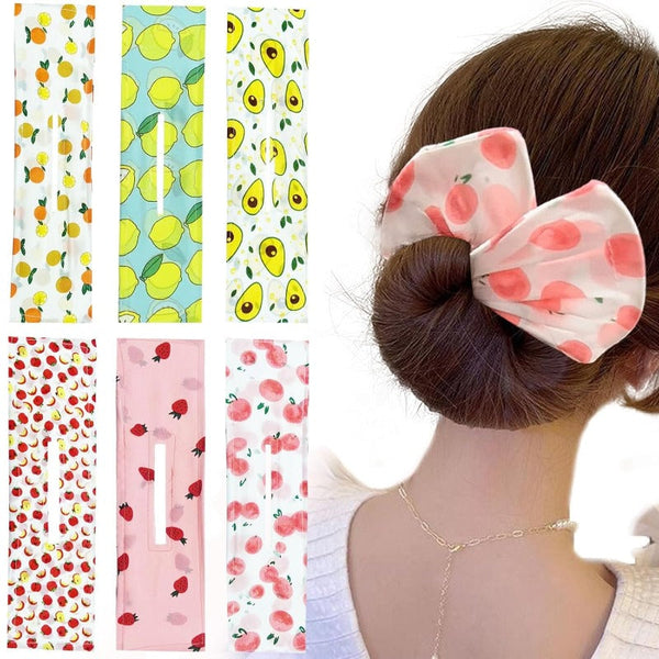 6-Pack Satin Fruit Print Hair Bun Makers – No-Pin Quick Updo Tools