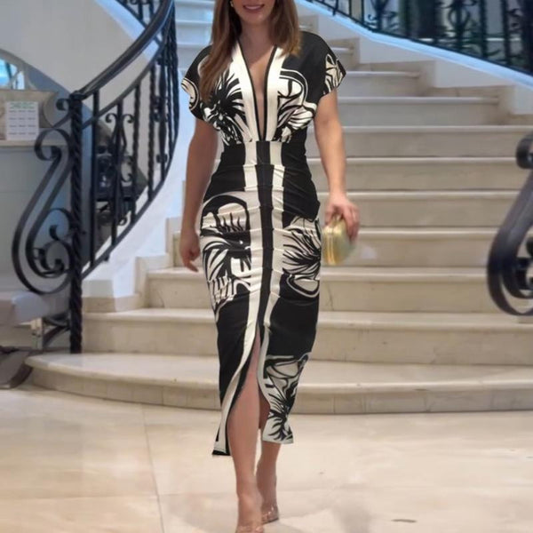 Plunge-Neck Ruched Midi Dress